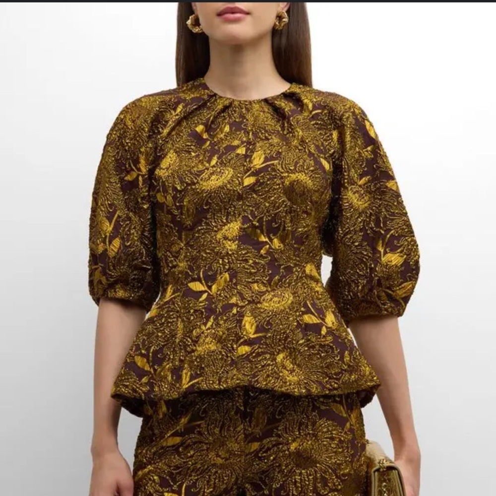 Lela Rose Top Size 6 Metallic Brocade Puff Sleeve Peplum Brown Gold